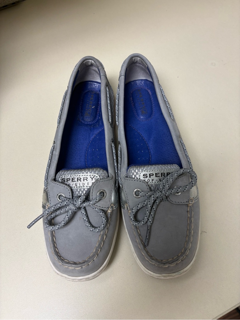 Sperry Women's Light Gray Moccasin Boat Shoes with Blue Insole